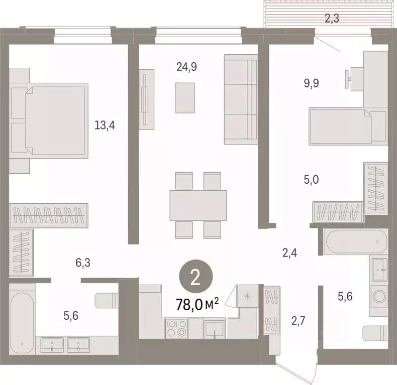 2-к кв. Новосибирская область, Новосибирск ул. Аэропорт, 88 (78.02 м) - Фото 1