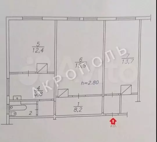 3-к. квартира, 62,4 м, 2/2 эт. - Фото 0