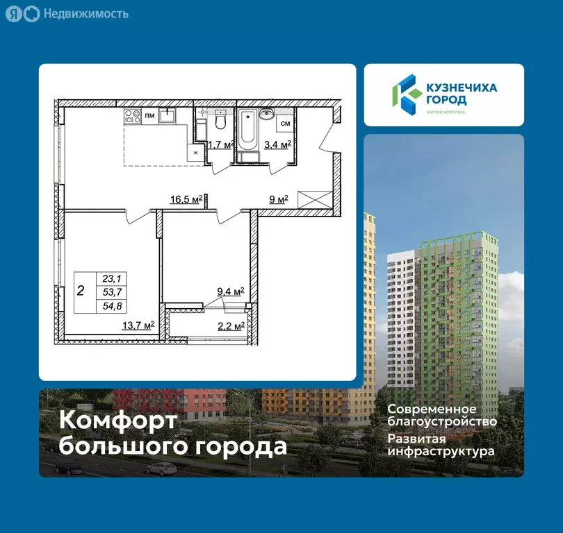 2-комнатная квартира: Нижний Новгород, ЖК Кузнечиха Город, 13 (54.8 м) - Фото 1