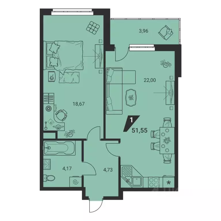 1-к кв. Свердловская область, Екатеринбург ул. Громова, 26/3 (51.3 м) - Фото 2