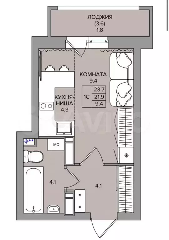 Квартира-студия, 23,6 м, 10/16 эт. - Фото 1