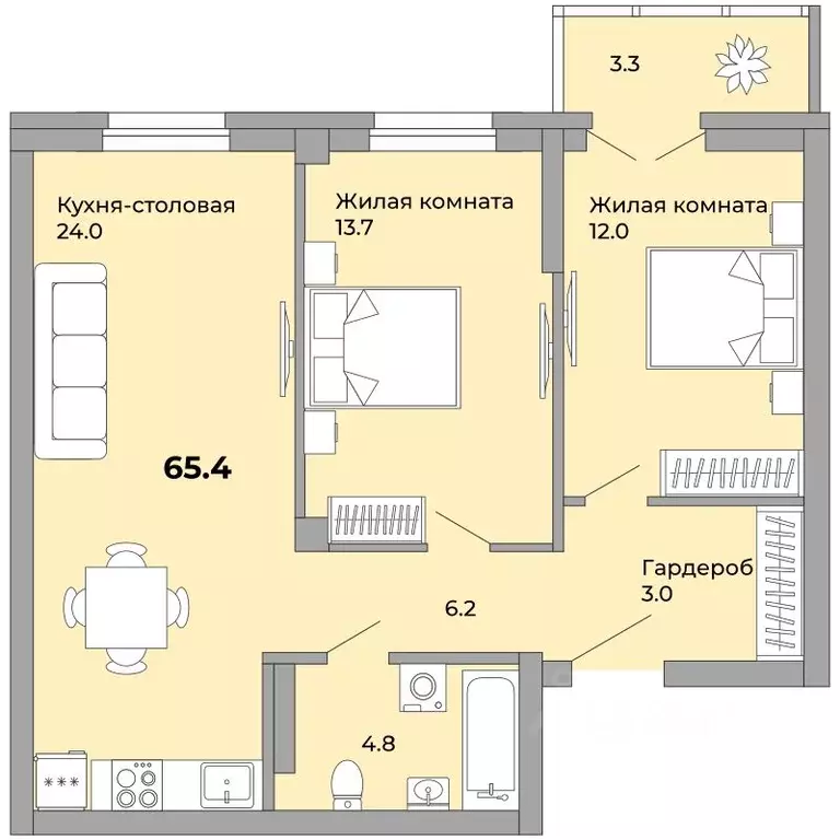 2-к кв. Свердловская область, Екатеринбург ул. Орловская (65.4 м) - Фото 0