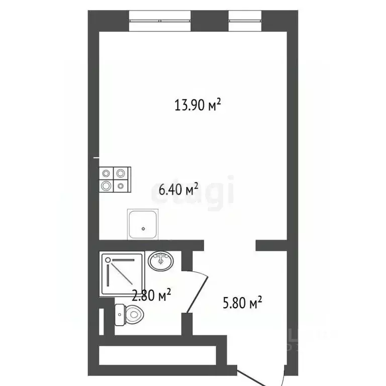 Студия Тюменская область, Тюмень Полевая ул., 117к2 (28.7 м) - Фото 2