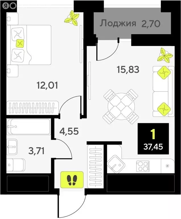 1-комнатная квартира: Тюмень, улица Андрея Приказнова, 1 (37.45 м) - Фото 0