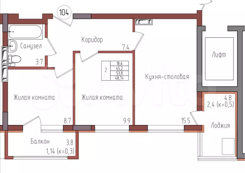 2-к. квартира, 48,7 м, 5/9 эт. - Фото 0