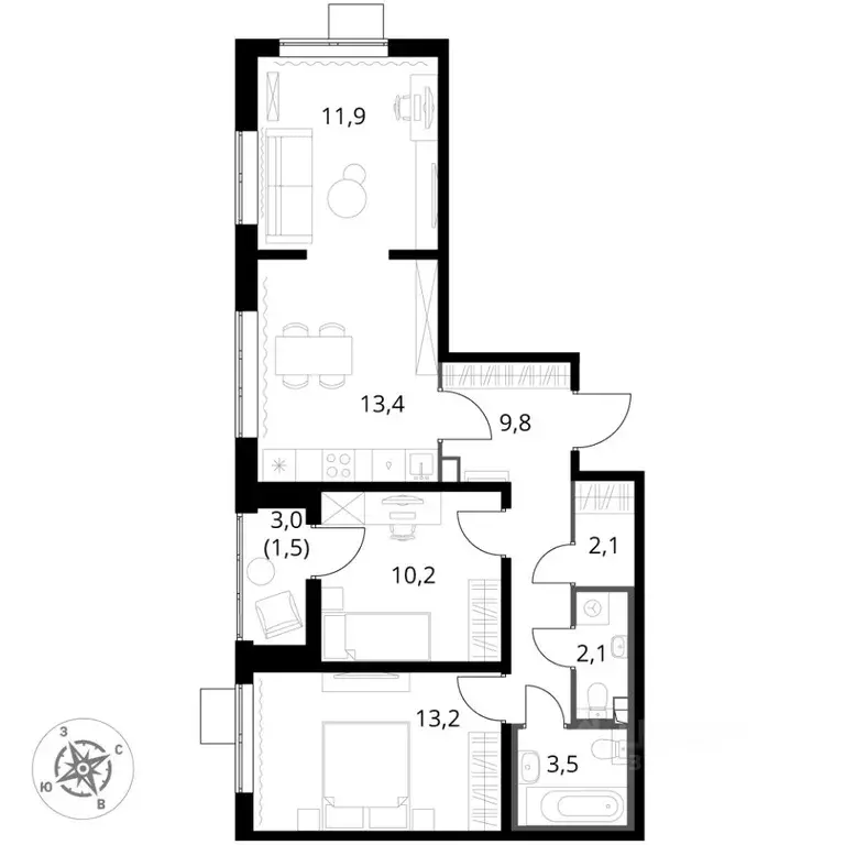 3-к кв. Московская область, Ленинский городской округ, пос. Ленинский ... - Фото 2