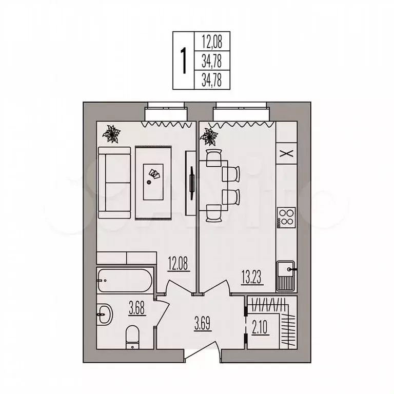 1-к. квартира, 34,8м, 2/3эт. - Фото 0