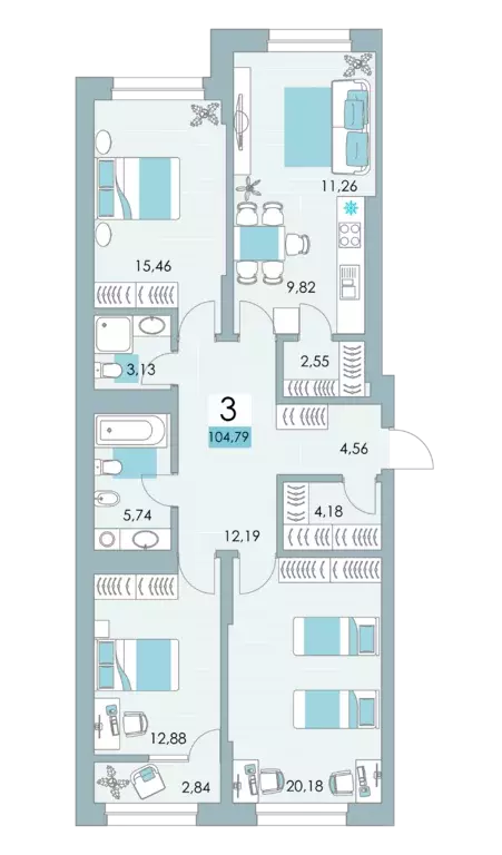 3-к квартира, 103.9 м - Фото 0