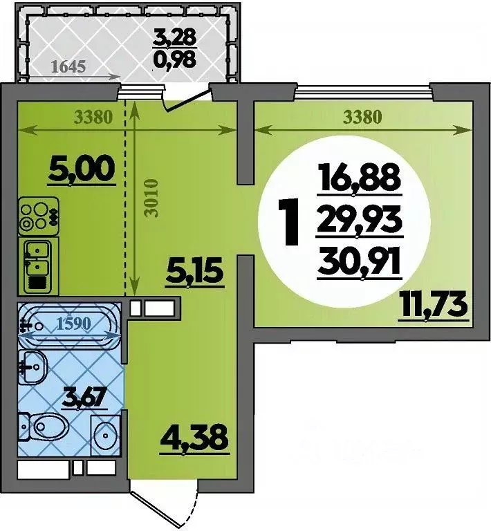 Студия Адыгея, Майкоп  (30.91 м) - Фото 1