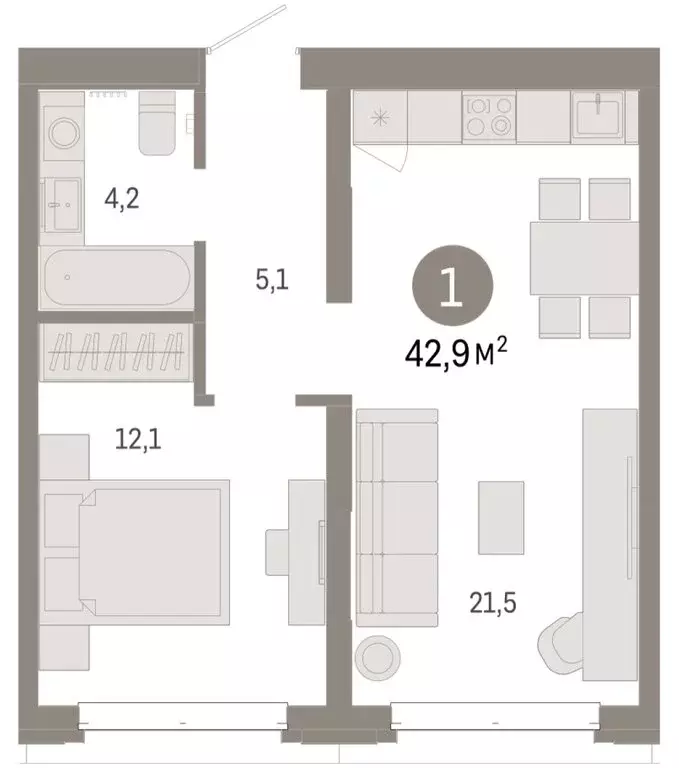 1-комнатная квартира: Тюмень, жилой комплекс На Минской (42.87 м) - Фото 2