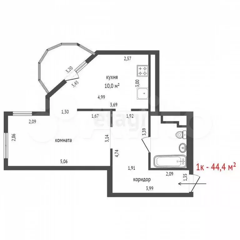 1-к. квартира, 44,4 м, 24/25 эт. - Фото 1