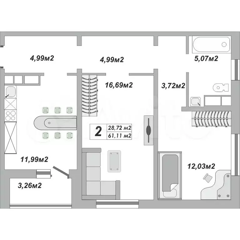 2-к. квартира, 60 м, 6/17 эт. - Фото 0