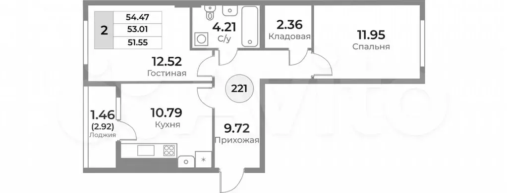 2-к. квартира, 53 м, 1/10 эт. - Фото 1