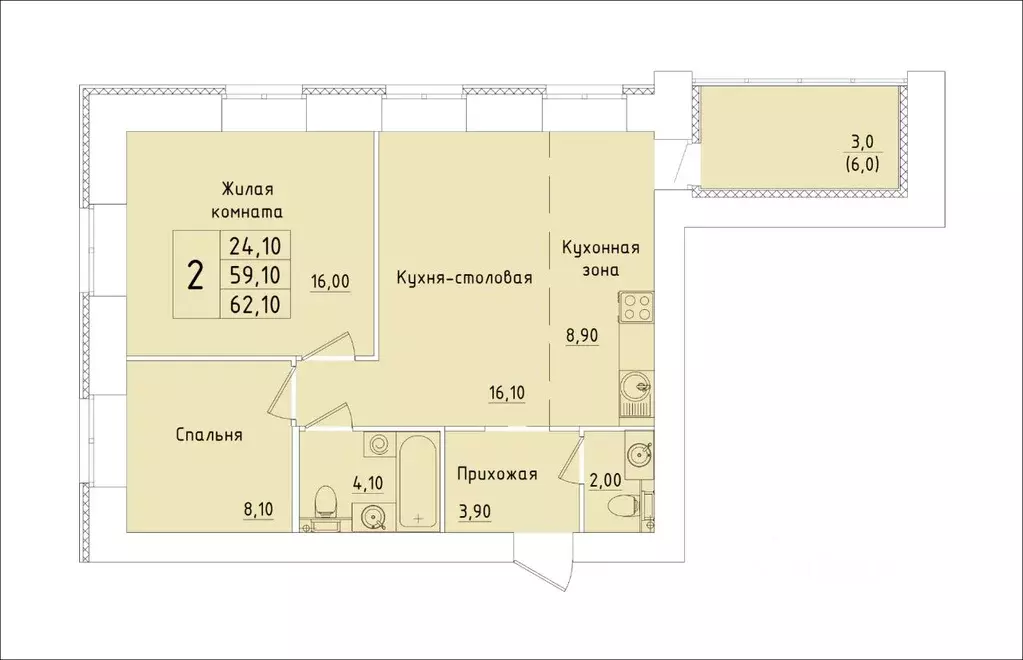 2-к кв. Кировская область, Киров Хлебозаводской проезд, 6 (62.1 м) - Фото 1