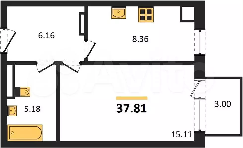 1-к. квартира, 37,8 м, 4/4 эт. - Фото 1