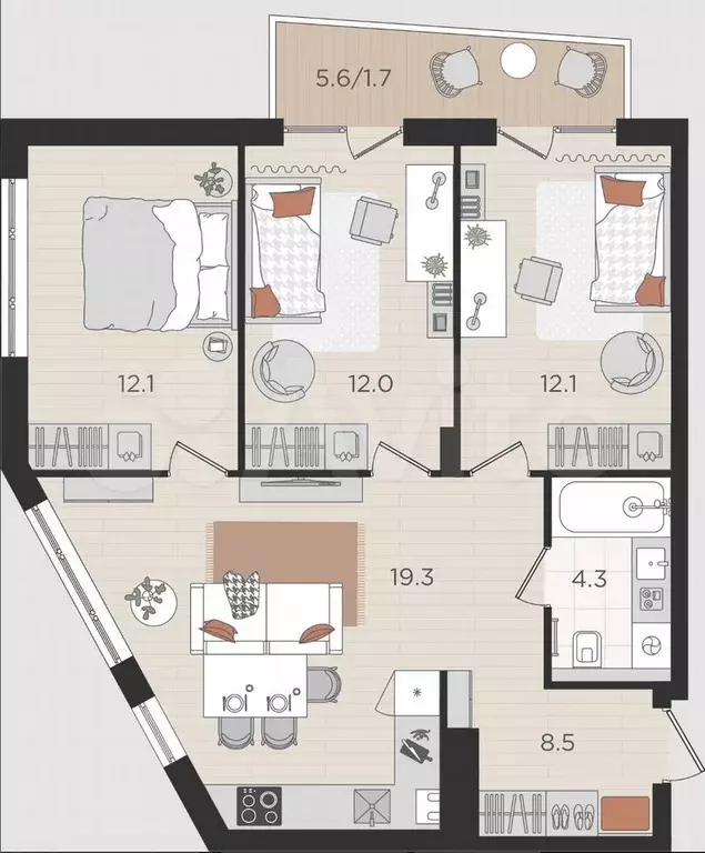 3-к. квартира, 70 м, 3/4 эт. - Фото 1