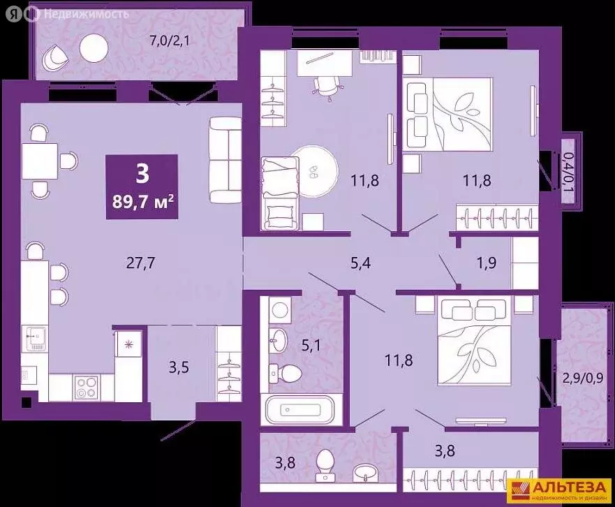 3-комнатная квартира: Калининград, Ключевая улица, 27В (91.3 м) - Фото 1