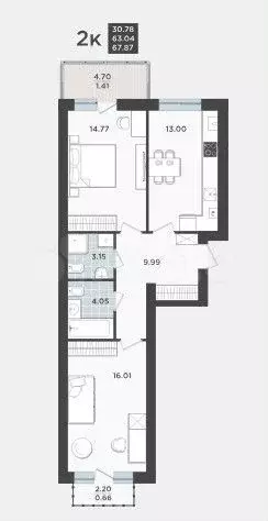 2-к. квартира, 67,9 м, 9/9 эт. - Фото 1
