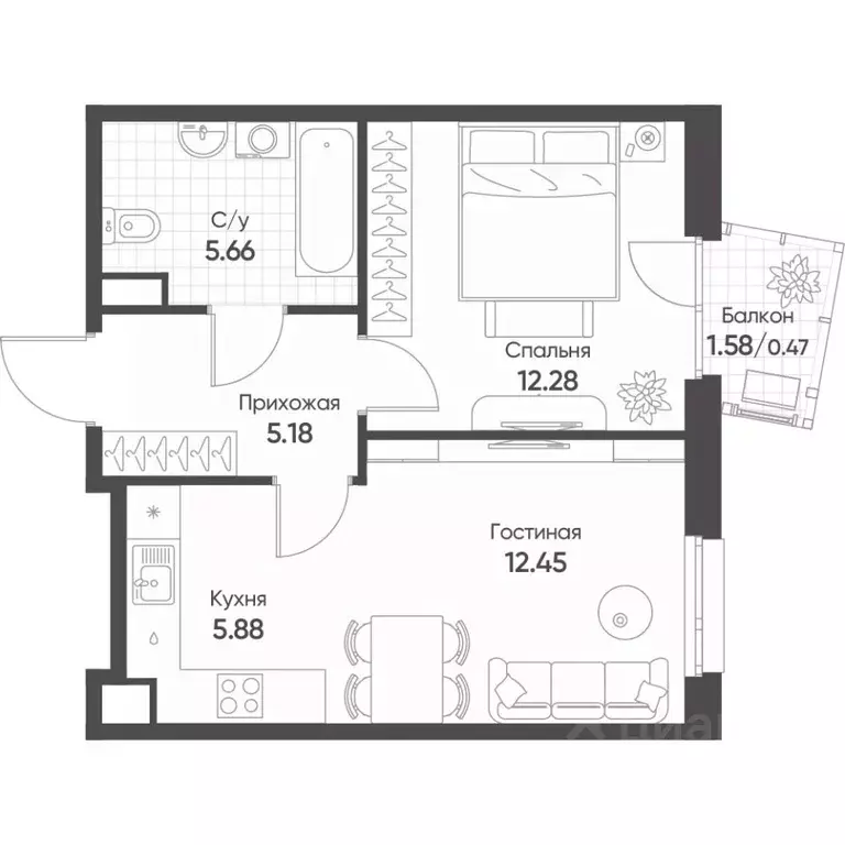 2-к кв. Татарстан, Казань Счастье в Казани жилой комплекс (41.8 м) - Фото 1