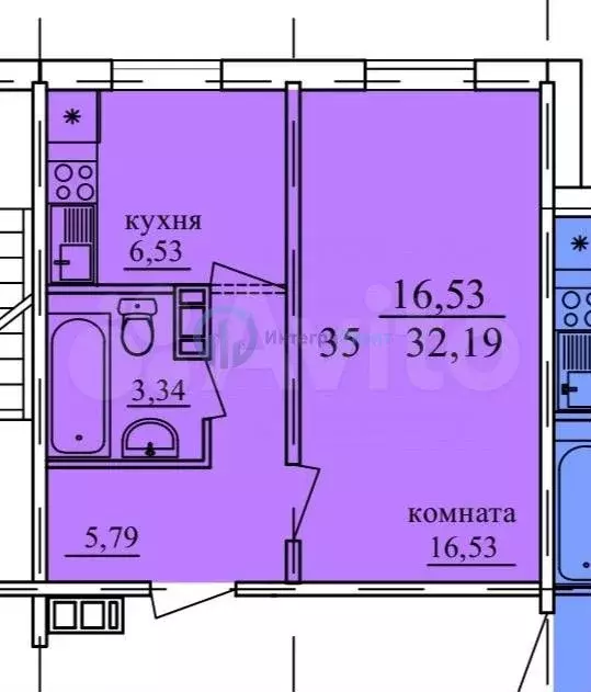 1-к. квартира, 32,2 м, 6/11 эт. - Фото 0