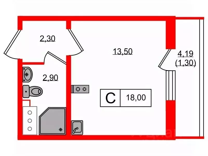 Студия Санкт-Петербург дор. Муринская, 10к3 (18.0 м) - Фото 1