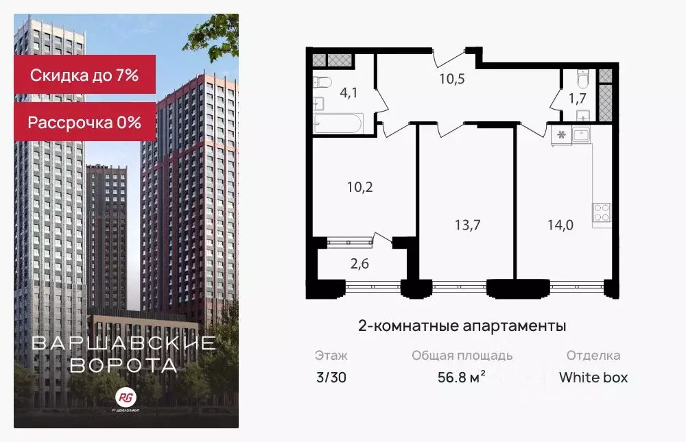 2-к кв. Москва Варшавские Ворота жилой комплекс, 1.1 (56.8 м) - Фото 0