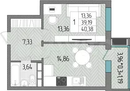 1-к. квартира, 40,4м, 5/8эт. - Фото 1