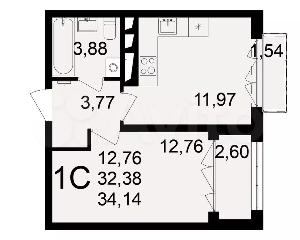 1-к. квартира, 34,1 м, 14/18 эт. - Фото 1