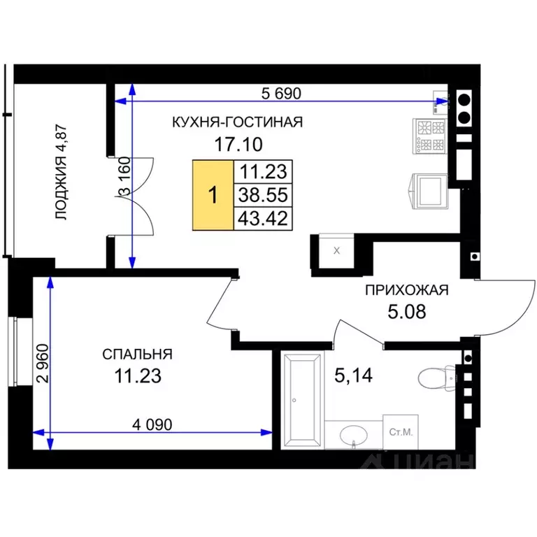 1-к кв. Калининградская область, Гурьевск Включи жилой комплекс (43.42 ... - Фото 0