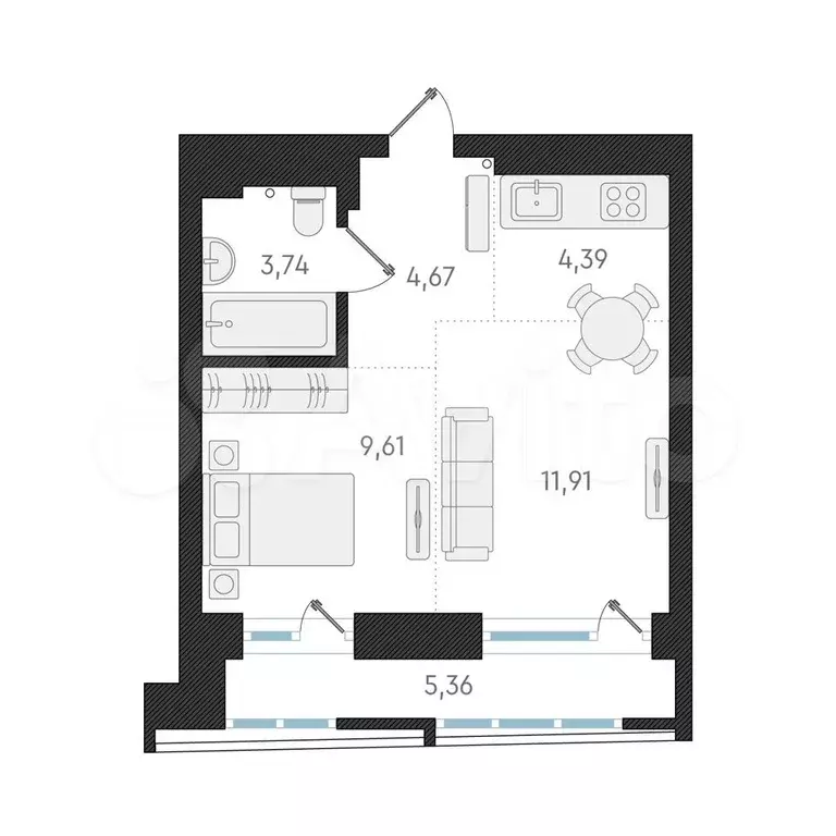 Квартира-студия, 34,3 м, 2/8 эт. - Фото 1