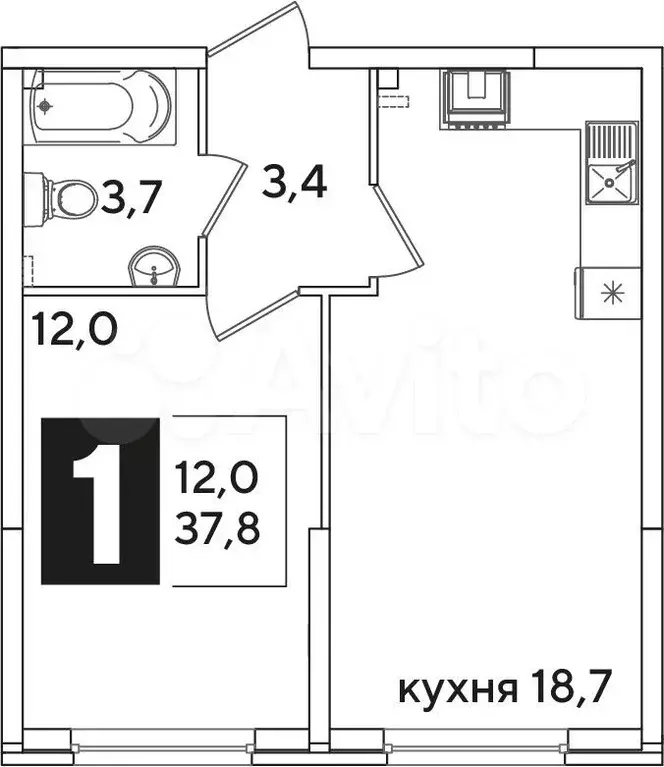 1-к. квартира, 37,8 м, 2/16 эт. - Фото 0