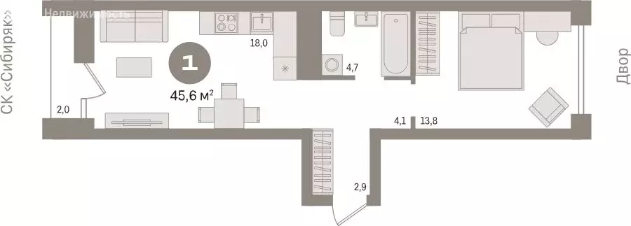 1-комнатная квартира: Новосибирск, улица Аэропорт, 88 (45.55 м) - Фото 1