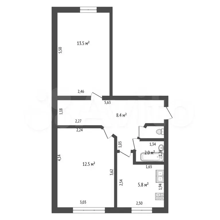 2-к. квартира, 43,1 м, 1/5 эт. - Фото 0