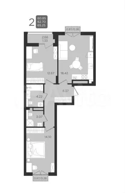 2-к. квартира, 65,3 м, 9/9 эт. - Фото 1