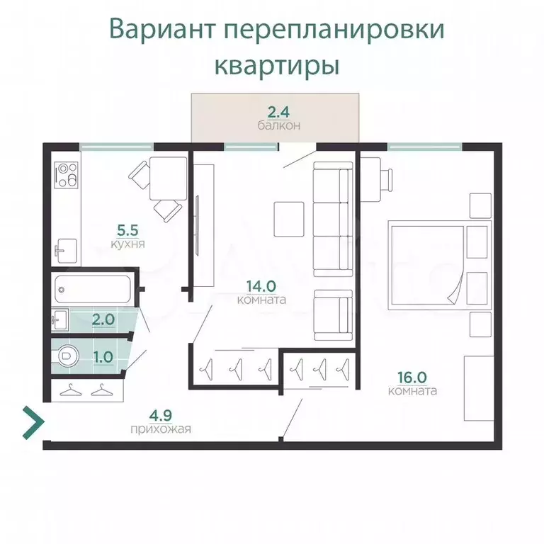 2-к. квартира, 44,7 м, 3/5 эт. - Фото 1