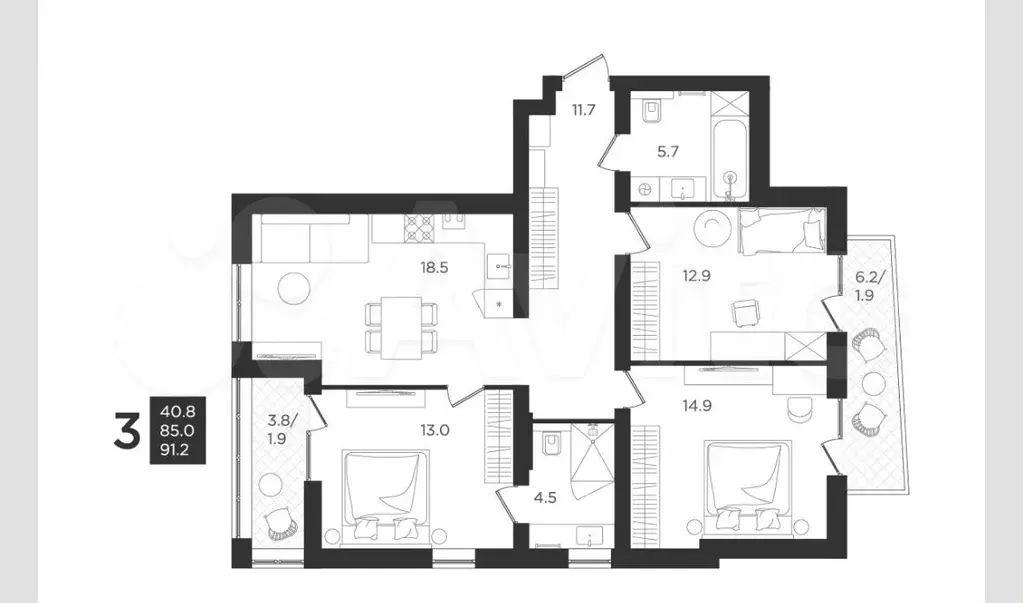 3-к. квартира, 85 м, 2/4 эт. - Фото 0