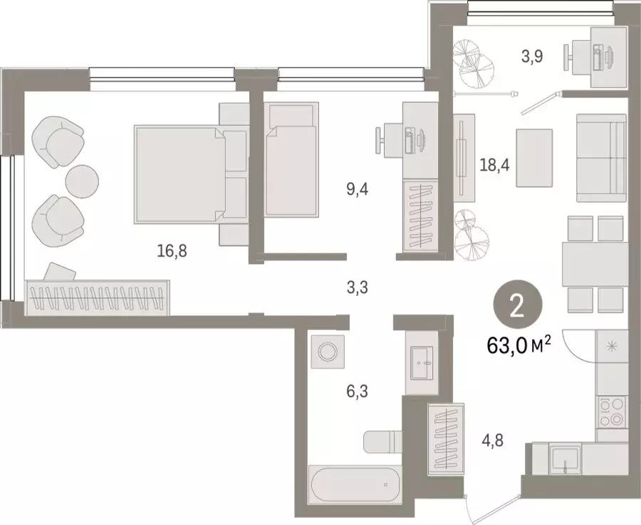 2-комнатная квартира: Тюмень, Мысовская улица, 26к1 (62.99 м) - Фото 1