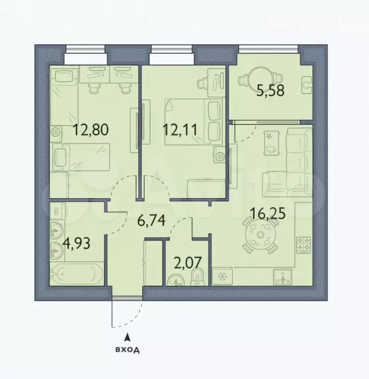 2-к. квартира, 60,5 м, 4/8 эт. - Фото 1