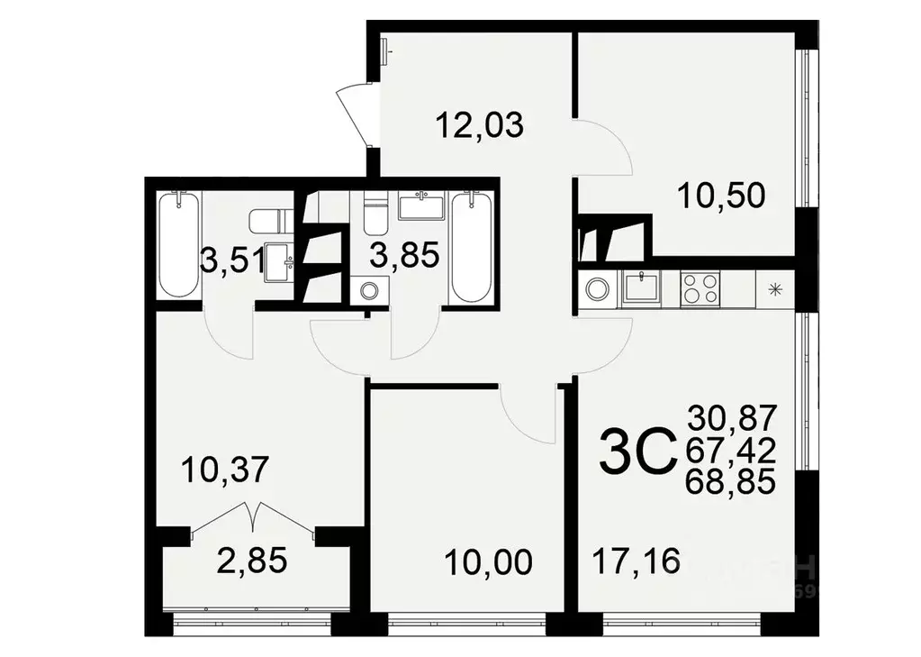 3-к кв. Тульская область, Тула Одоевское ш., 73Б (68.85 м) - Фото 1