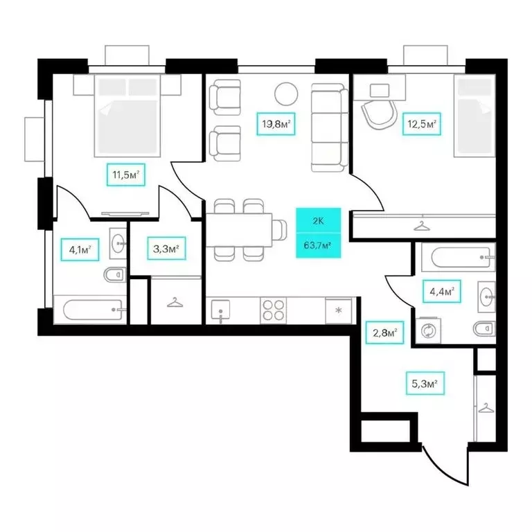 2-комнатная квартира: Тюмень, улица Червишевский Тракт, 25 (63.7 м) - Фото 1