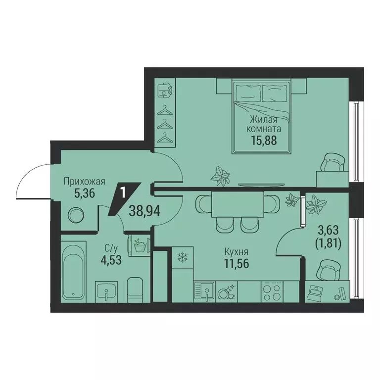 1-комнатная квартира: Екатеринбург, проспект Космонавтов, 100 (38.94 ... - Фото 1
