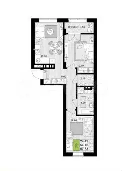 2-к. квартира, 58 м, 2/9 эт. - Фото 1