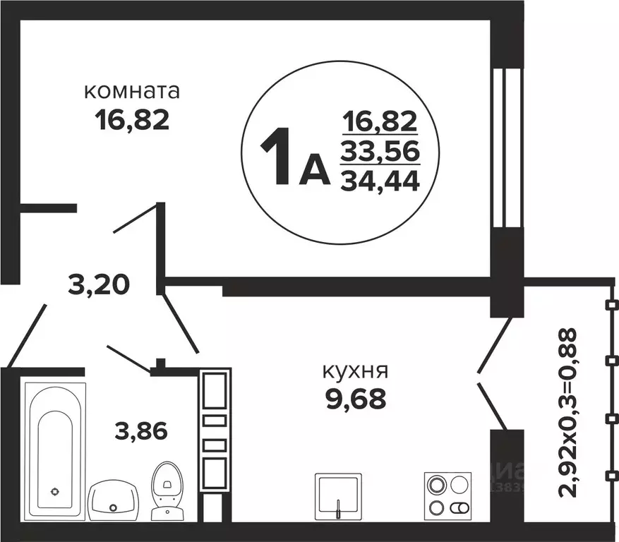 1-к кв. Краснодарский край, Краснодар Российская ул., 257/7 (34.44 м) - Фото 0