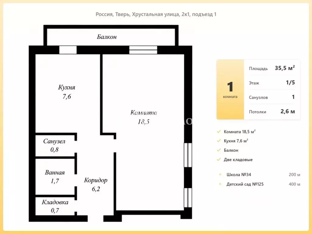 1-к кв. Тверская область, Тверь Хрустальная ул., 2к1 (35.5 м) - Фото 2