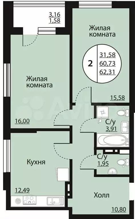 2-к. квартира, 62,3 м, 8/18 эт. - Фото 0