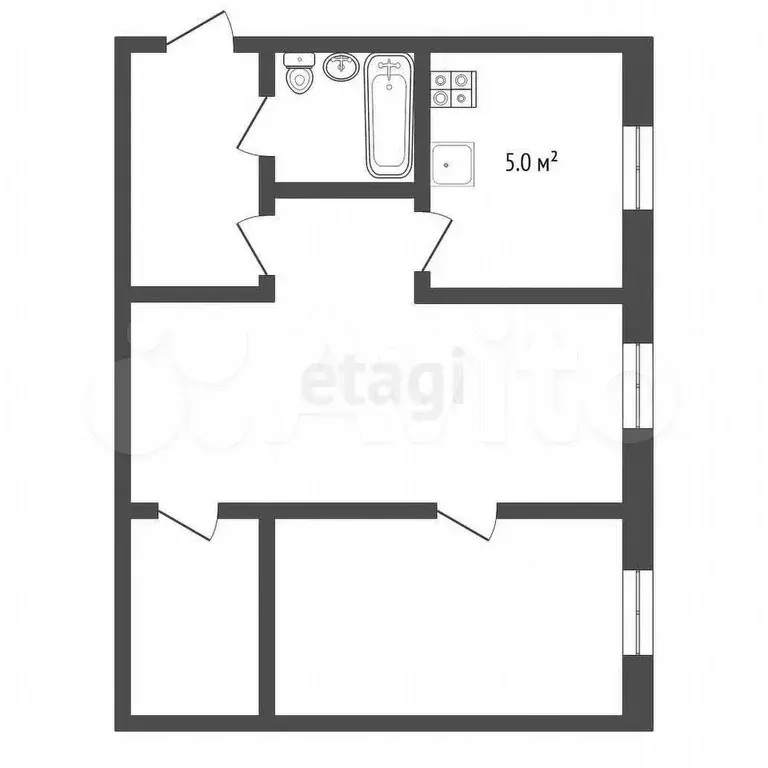 2-к. квартира, 43,8 м, 2/5 эт. - Фото 0