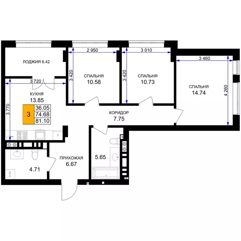 3-к кв. Калининградская область, Гурьевск Включи жилой комплекс (81.1 ... - Фото 1