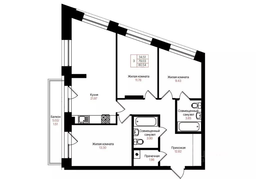 3-к кв. Татарстан, Казань Лето жилой комплекс (80.54 м) - Фото 2