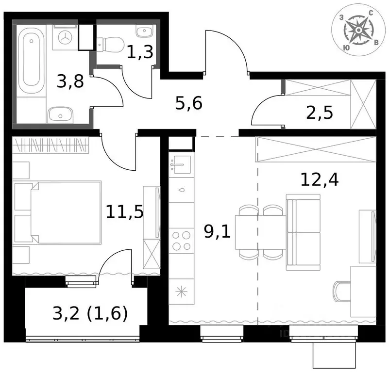 Квартира, 2 комнаты, 47.8 м - Фото 2
