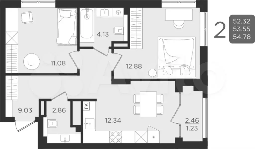 2-к. квартира, 53,6 м, 1/9 эт. - Фото 0